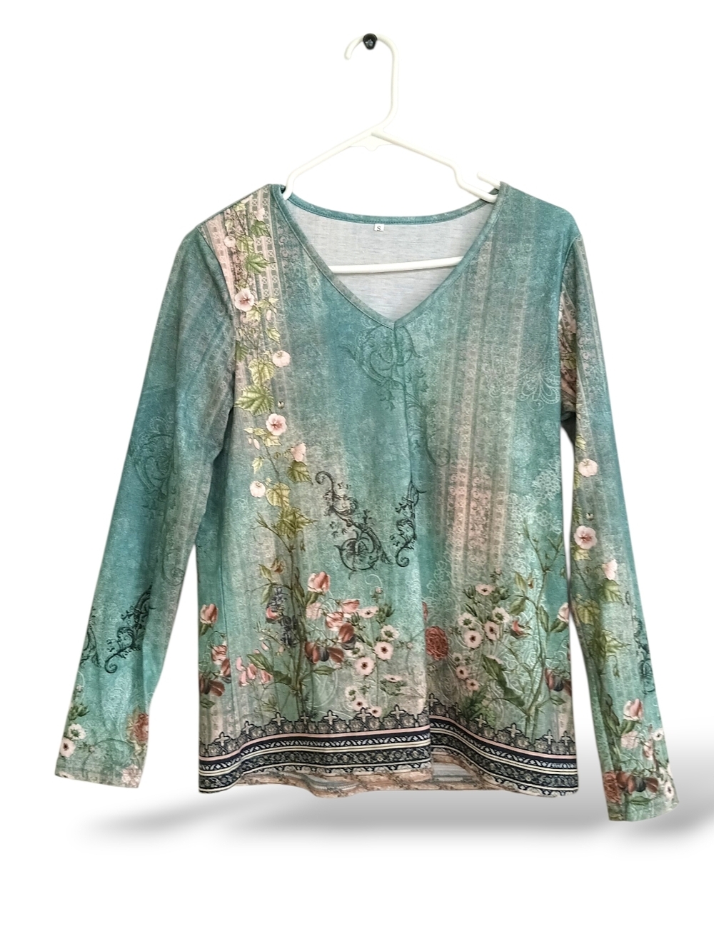 Teal Floral V-Neck Long Sleeve Top Large